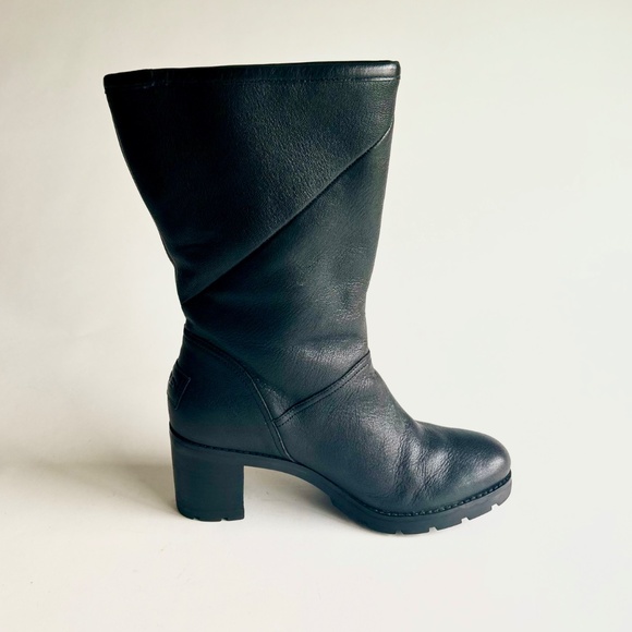 UGG Black Genuine Leather Sheepskin Lining Heel Mid Calf Boots size 9 - Picture 3 of 16